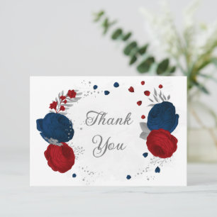 Carte De Remerciements rouge foncé & fleurs de marine argent mariage bota