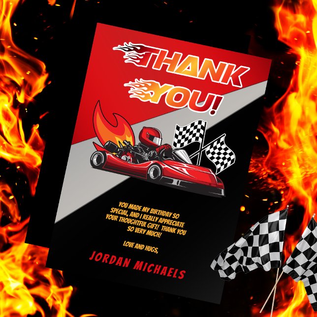 Carte De Remerciements Rouge | Karting de course d'anniversaire Noir  (Red and Black Go Kart Racing Kid's Birthday Party Thank You Card)