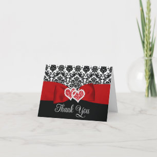 Carte De Remerciements Rouge, Noir Damask Love Hearts Mariage
