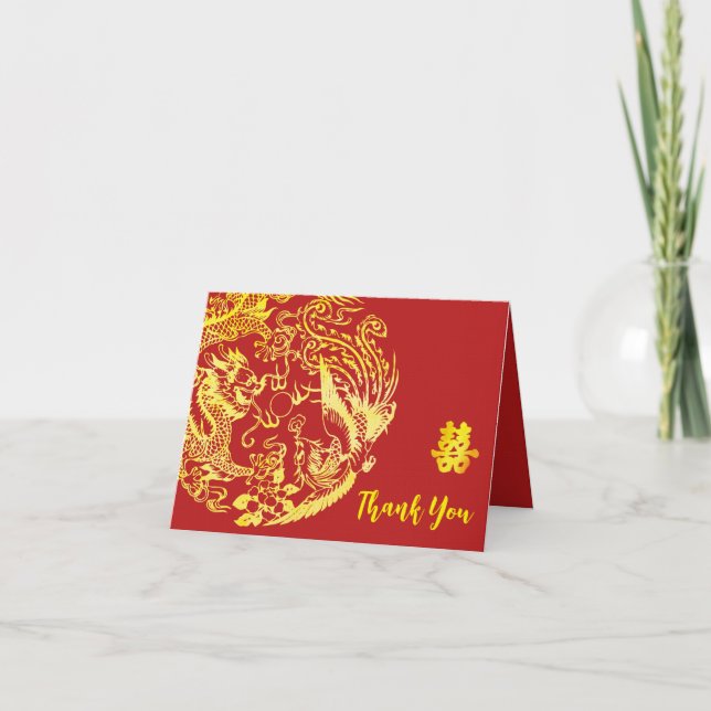 Carte De Remerciements Rouge or chinois Dragon et Phoenix logo mariage (Devant)