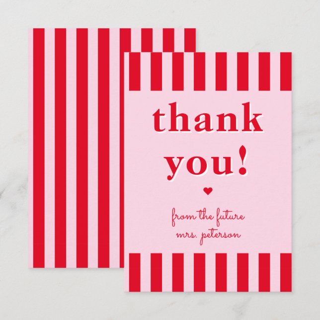 Carte De Remerciements Rouge Rétro & Rayures Roses De La Future Mme (Devant / Derrière)