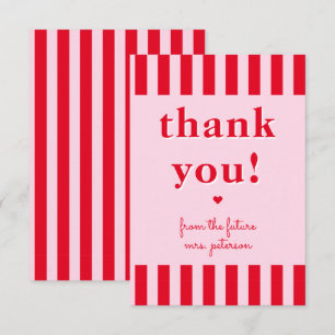 Carte De Remerciements Rouge Rétro & Rayures Roses De La Future Mme