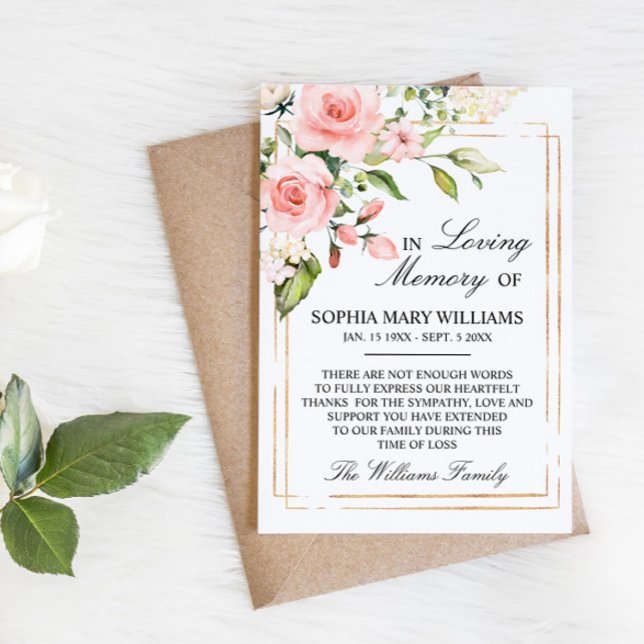 Carte De Remerciements Rouge rose et vert Feuilles Sympathie Mémoire (Créateur téléchargé)