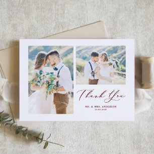 Carte De Remerciements Rouge Whimsical Calligraphy Photo Collage Mariage
