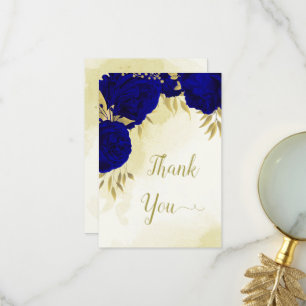 Carte De Remerciements Royal bleu fleurs or feuilles