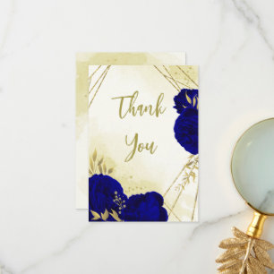 Carte De Remerciements Royal bleu fleurs or feuilles
