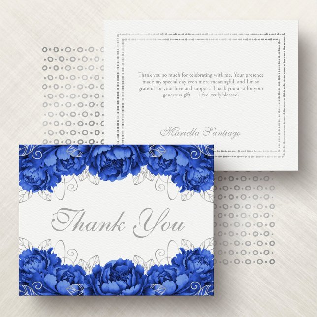 Carte De Remerciements Royal Blue Elegant Floral Quinceanera (Créateur téléchargé)