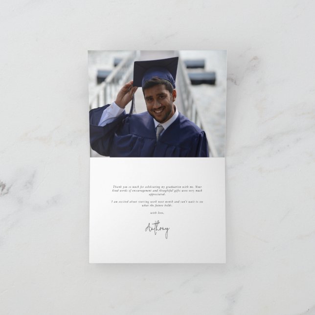 Carte De Remerciements Royal Blue Elegant Script Graduation Photo+Message (Intérieur)