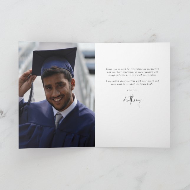 Carte De Remerciements Royal Blue Elegant Script Graduation Photo+Message (Intérieur)