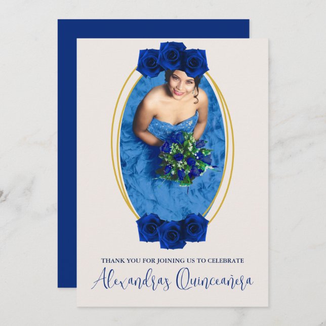 Carte De Remerciements Royal Blue et Gold Geometry Quinceañera (Devant / Derrière)