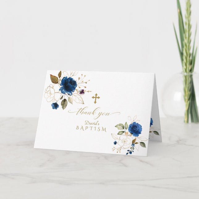 Carte De Remerciements Royal Blue Floral Gold Frame Cross Boy Baptism (Devant)