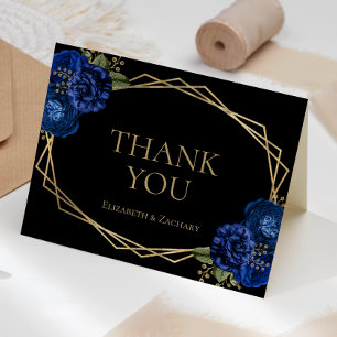 Carte De Remerciements Royal Blue Floral or Mariage noir géométrique
