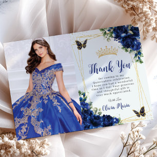 Carte De Remerciements Royal Blue Floral Quinceañera Papillons photo