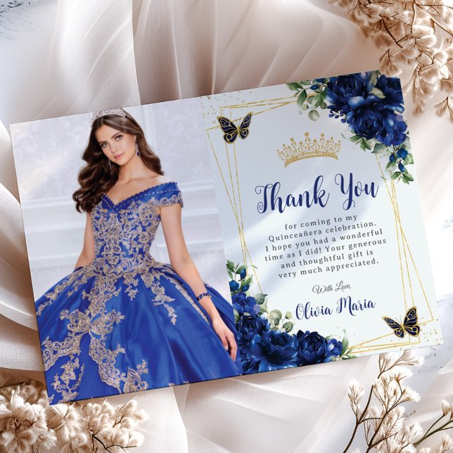 Carte De Remerciements Royal Blue Floral Quinceañera Papillons photo (Créateur téléchargé)