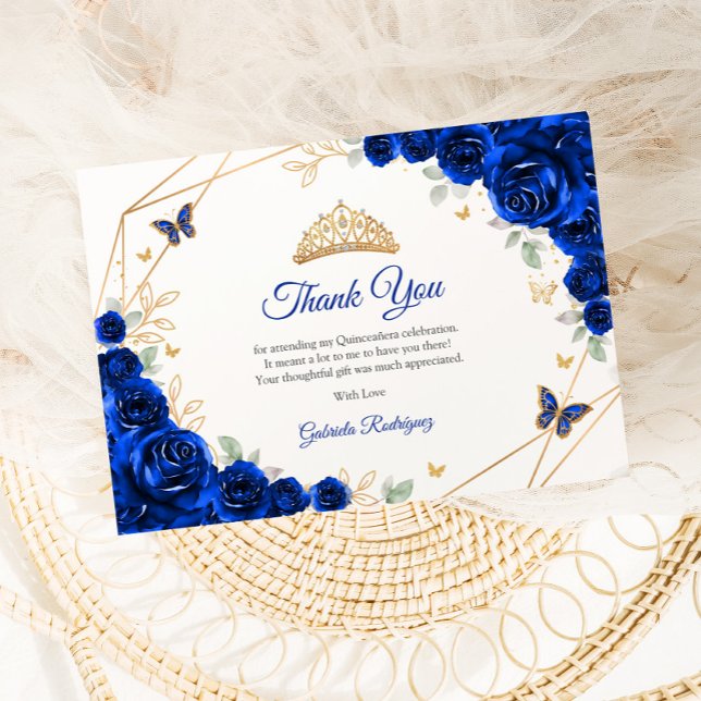 Carte De Remerciements Royal Blue Gold Floral Quinceanera (Créateur téléchargé)