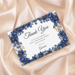 Carte De Remerciements Royal Blue Golden Tiara Floral Quinceañera