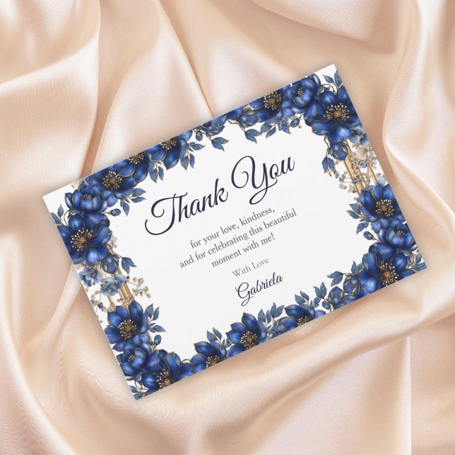 Carte De Remerciements Royal Blue Golden Tiara Floral Quinceañera (Créateur téléchargé)