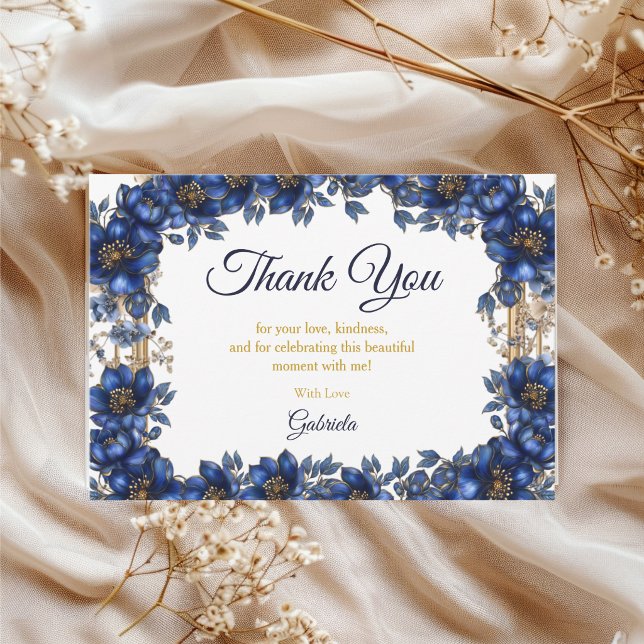 Carte De Remerciements Royal Blue Golden Tiara Floral Quinceañera (Créateur téléchargé)