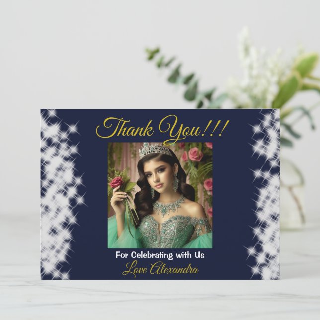 Carte De Remerciements Royal Blue Photo Boho Quinceañera Espagnol Faveur (Debout devant)