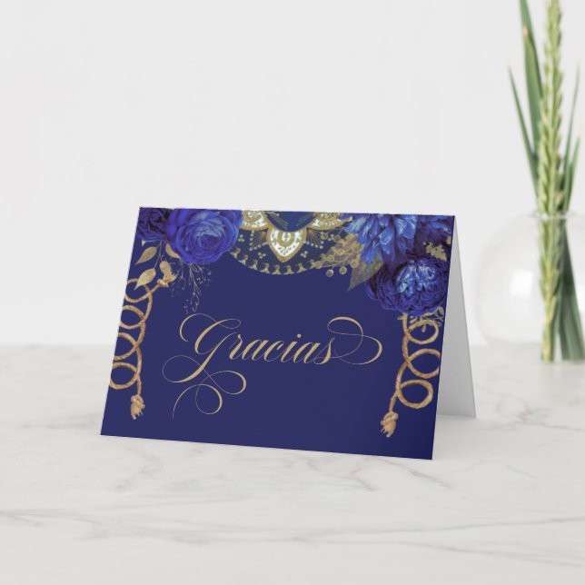 Carte De Remerciements Royal Blue Roses Elegant Charro Western Espagnol (Devant)