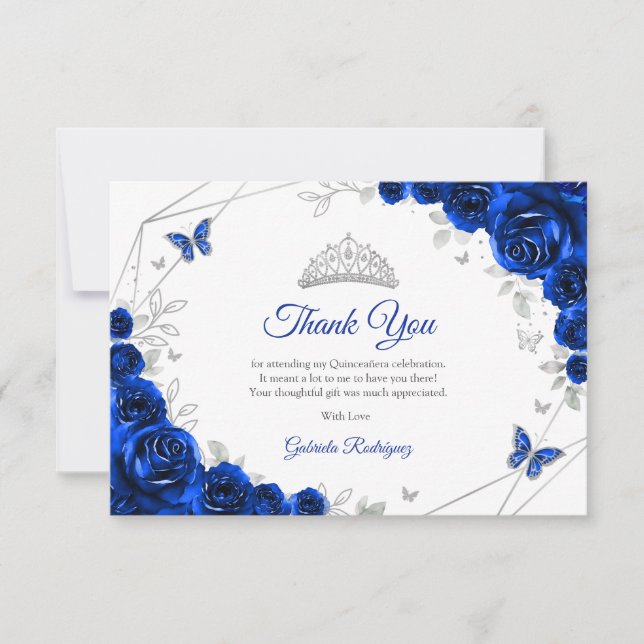 Carte De Remerciements Royal Blue Silver Floral Quinceanera (Devant)