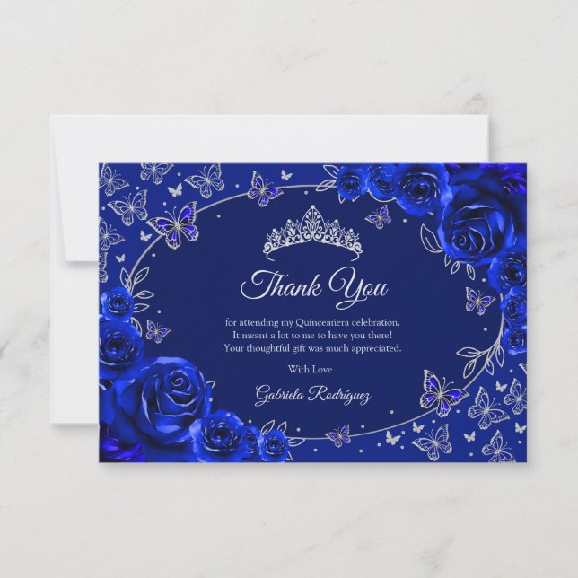 Carte De Remerciements Royal Blue Silver Quinceanera (Devant)