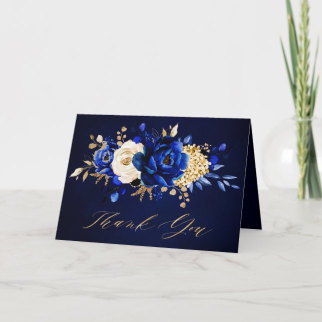 Carte De Remerciements Royal Blue Yellow Gold Floral Fête des mariées Mer (Devant)