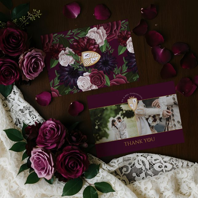 Carte De Remerciements Royal Muse Imaginaire médiéval Bouclier fleuri Mar (Royal Muse Medieval Fantasy Shield Floral Wedding Thank You Card)