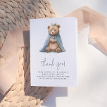 Carte De Remerciements Royal Teddy Bear Prince Boy Baby shower<br><div class="desc">Une carte de remerciement qui correspond à notre collection de Baby showers Royal Teddy Bear Prince & Princess. Cette carte pliée comporte un ourson aquarelle peint à la main portant une couronne bleue et or et une cape assortie tenant un petit ours en peluche bleu. "Merci" est dans un script...</div>