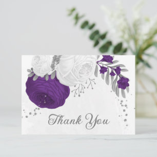 Carte De Remerciements royal violet & fleurs blanches argent mariage