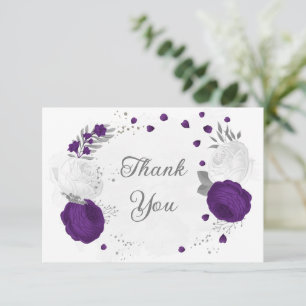 Carte De Remerciements royal violet & fleurs blanches argent mariage