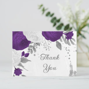 Carte De Remerciements royal violet & fleurs blanches argent mariage