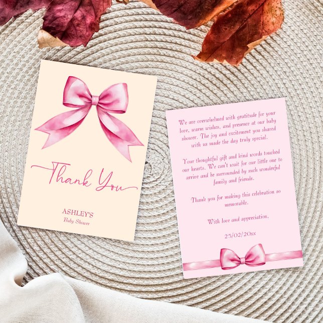 Carte De Remerciements Ruban arc rose baby shower mignon élégant (Pink bow ribbon baby shower cute elegant thank you card pastel cream pink bow girly thank you cards)
