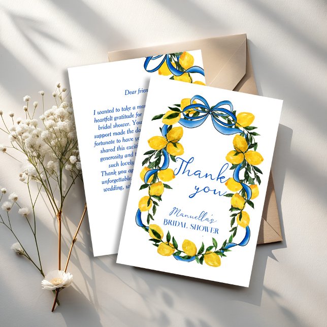 Carte De Remerciements Ruban bleu citron douche italienne (Lemons blue bow ribbon Italian bridal shower Thank You Cards retro bow and lemons thank you cards)