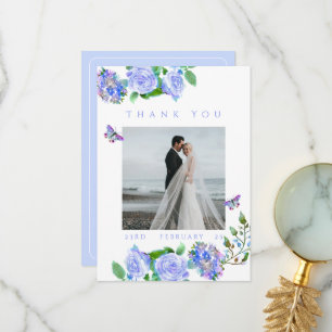 Carte De Remerciements Ruban de rose bleue Monogramme Photo Mariage Remer