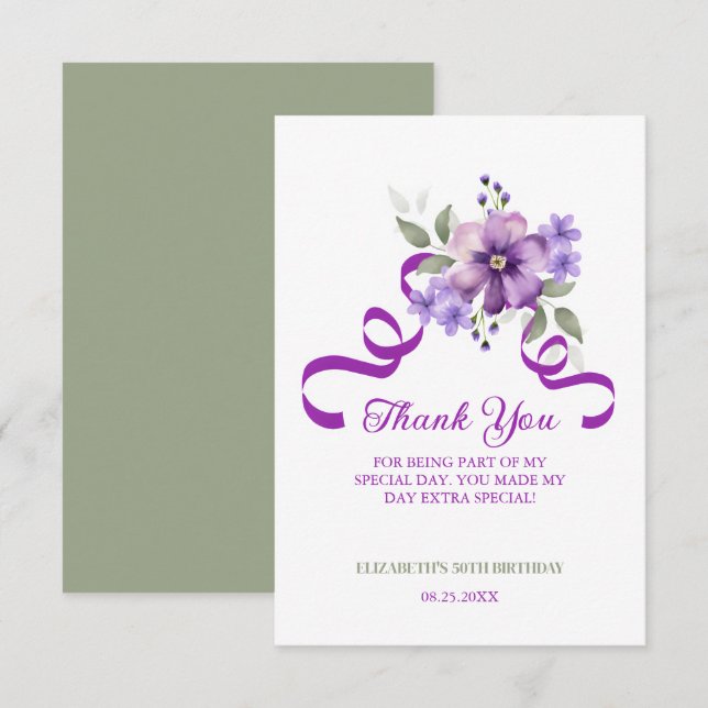 Carte De Remerciements Ruban de verdure de fleur violette pour anniversai (Devant / Derrière)