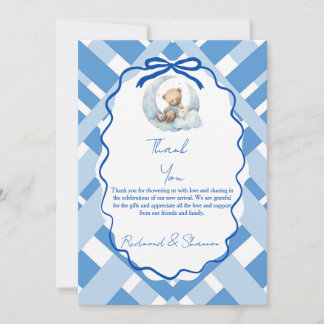 Carte De Remerciements Ruban d'ours pour Baby shower garçon à carreaux bl