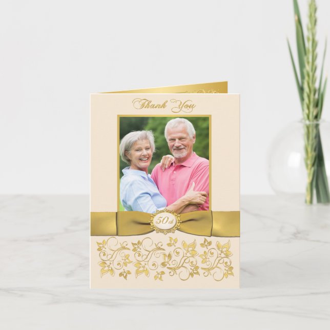 CARTE DE REMERCIEMENTS RUBAN IMPRIMÉ FLEURS DORÉES (Devant)