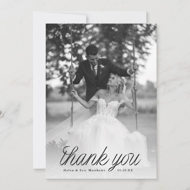 Carte De Remerciements Ruban Mariage Photo Minimaliste Écriture Noire  (Devant)