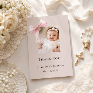 Carte De Remerciements Ruban rose taupe pour baptême photo fille