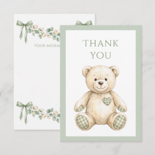 Carte De Remerciements Ruban Vert Sauge Élégant Ours en Peluche Vintage