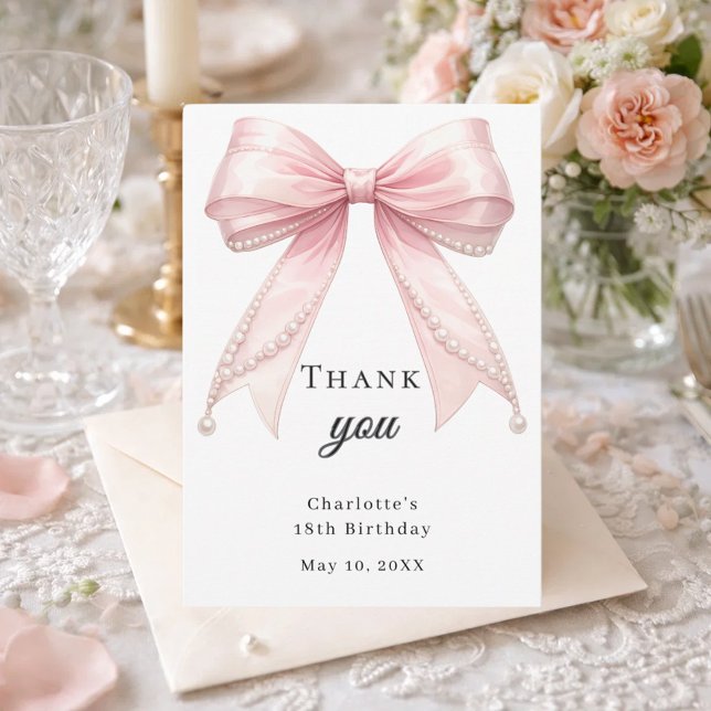 Carte De Remerciements Rubans de naissance roses perles élégants (Créateur téléchargé)