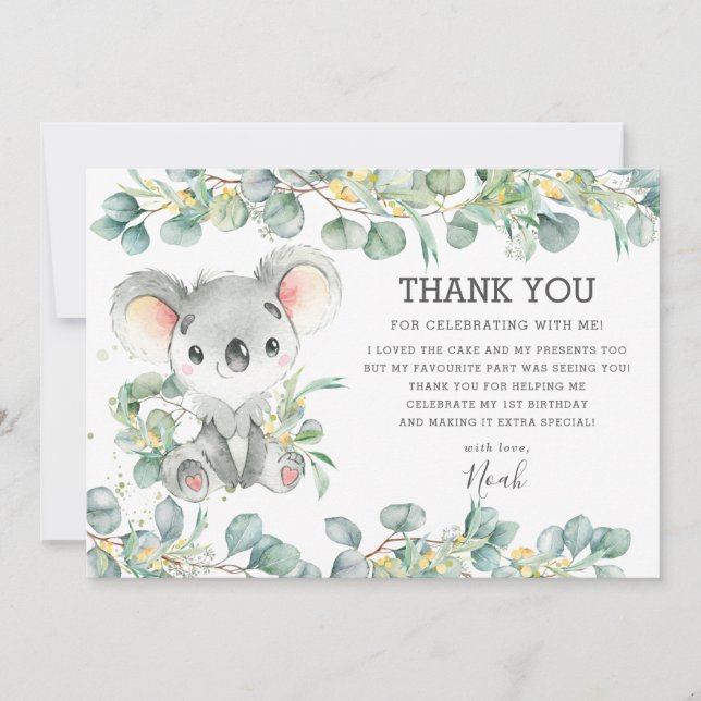 Carte De Remerciements Russe Chic Greenery Cute Koala 1er anniversaire Ga (Devant)