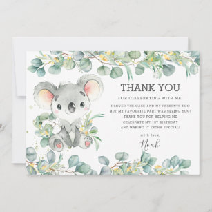 Carte De Remerciements Russe Chic Greenery Cute Koala 1er anniversaire Ga
