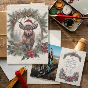 Carte De Remerciements Russe Noël Cerfs Antlers Wreath Photo de famille