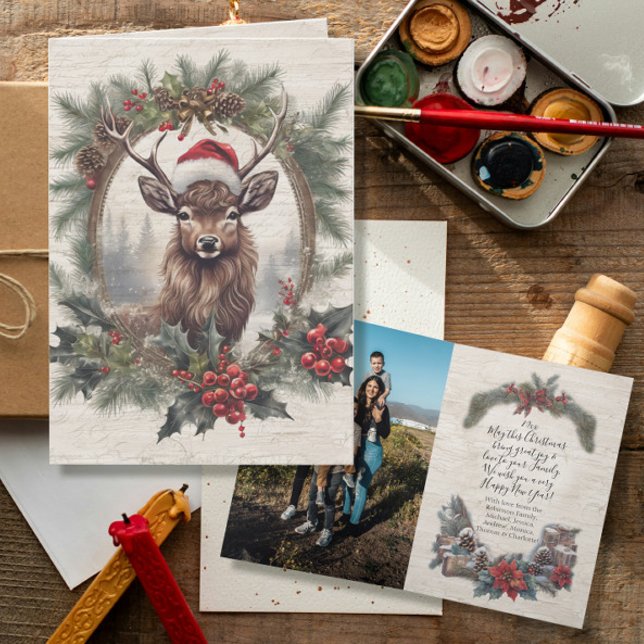 Carte De Remerciements Russe Noël Cerfs Antlers Wreath Photo de famille (Créateur téléchargé)