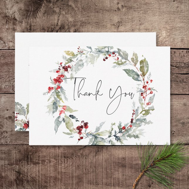 Carte De Remerciements Russe Winter Holly Berries & Mariage de neige (Rustic Winter Holly Berries & Snow Wedding Thank You Card)