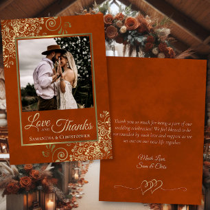 Carte De Remerciements Rust Orange & Gold Love Thanks Photo Note Mariage
