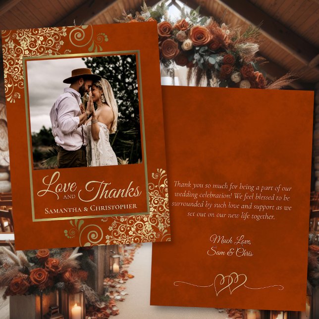 Carte De Remerciements Rust Orange & Gold Love Thanks Photo Note Mariage (Front/Back)