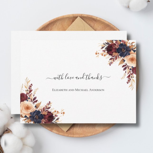 Carte De Remerciements Rust Terracotta Marine Crème Mariage Floral (Rust Terracotta Navy Blue Cream Watercolor Floral Wedding Thank you card)